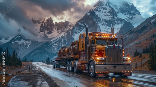 Gold heavy hauler on a mountain pass, carrying oversized loads, copy space for text photo
