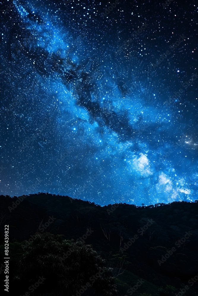 Captivating Panorama of Starry Night Sky over Mountainous Wilderness Landscape