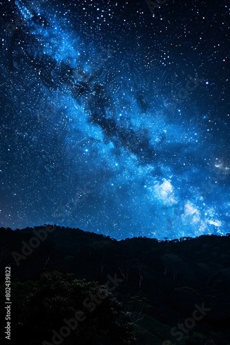 Captivating Panorama of Starry Night Sky over Mountainous Wilderness Landscape