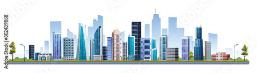 Urban city buildings with trees vector illustration. Cityscape panoramic isolated on white background