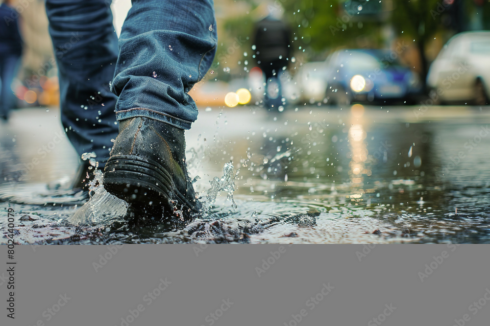 Rain, walking boots and and water splash in city street. Rain, walking boots and and water splash in city street.