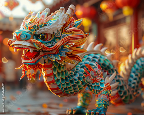 Dragon, Festive Dragon Costume, Mythical creature, Dancing in a Chinese New Year parade, Vibrant colors and intricate details, 3D render, Golden hour lighting, Lens flare effect