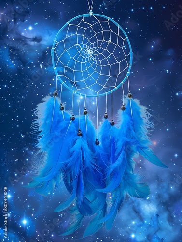 Handcrafted Dreamcatcher Against Starry Night Sky with Blue Feathers photo