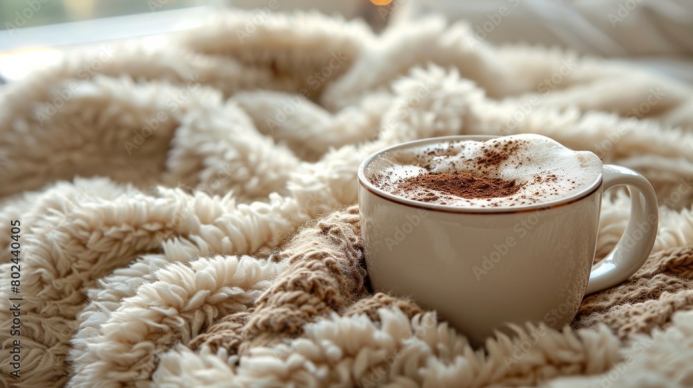 A fluffy throw blanket and mug of hot cocoa, inviting viewers to indulge in warmth and relaxation A fluffy throw blanket and mug of hot cocoa, inviting viewers to indulge in warmth and relaxation