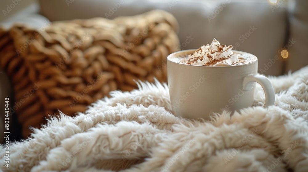 A fluffy throw blanket and mug of hot cocoa, inviting viewers to indulge in warmth and relaxation A fluffy throw blanket and mug of hot cocoa, inviting viewers to indulge in warmth and relaxation
