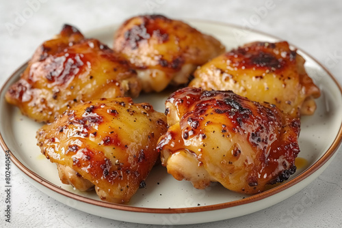 Chicken thighs in mustard honey glaze on white plate with on concrete background