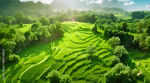 Bird's eye view: Tabanan rice fields and Amazon rainforest in full bloom. Concept Landscape Photography, Natural Beauty, Agricultural Landscapes, Tropical Rainforests, Aerial Views - photo