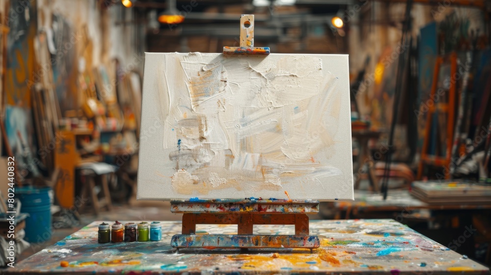A blank canvas and set of acrylic paints, inviting viewers to unleash their artistic talents A blank canvas and set of acrylic paints, inviting viewers to unleash their artistic talents