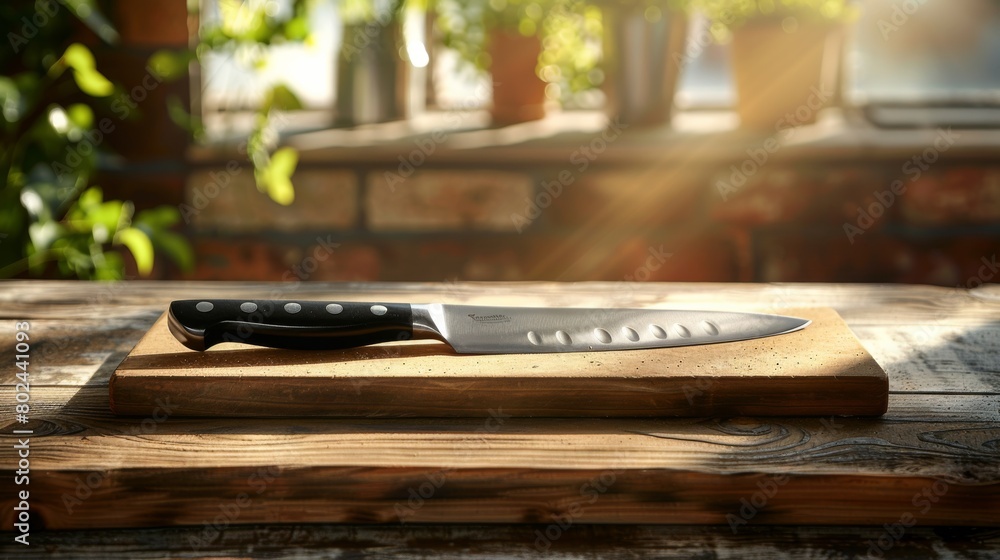 Fototapeta premium A chef's knife and cutting board, ready for culinary creations in a well-lit studio setting
