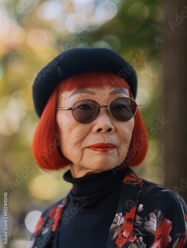 Old Chinese Woman with Red Straight Hair vintage Illustration.