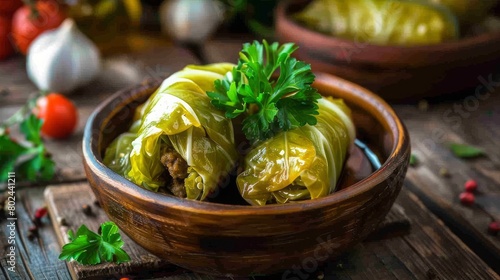 Cabbage rolls with meat, rice and vegetables. Stuffed cabbage leaves with  ground beef. Known as sarma, golubtsy, dolma. photo