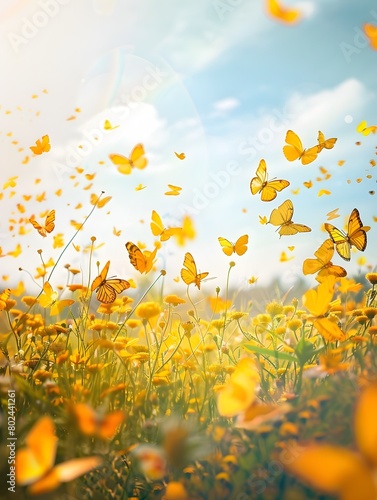 Golden Butterflies in Harmonious Flight through a Vibrant Field of Wildflowers
