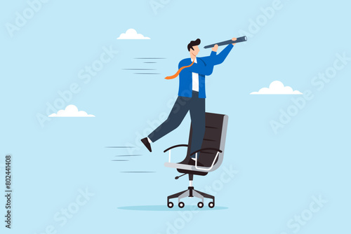 Businessman rides office chair while using telescope to see future, illustrating career foresight and vision. Concept of seeking out new job opportunities and pathways to success in workplace