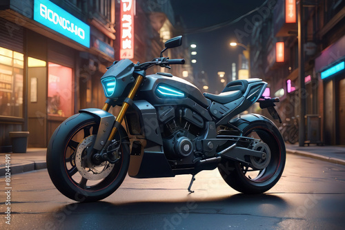 Arafed motorcycle parked on the street at night in the city, 8k octane 3d render, sitting on a cyberpunk motorbike design. © Mahmud