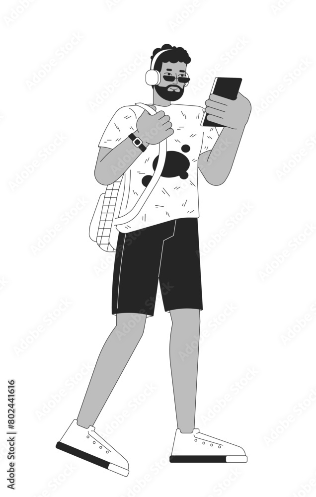 African american man with headphones using smartphone black and white 2D line cartoon character. Student with devices isolated vector outline person. Lifestyle monochromatic flat spot illustration African american man with headphones using smartphone black and white 2D line cartoon character. Student with devices isolated vector outline person. Lifestyle monochromatic flat spot illustration