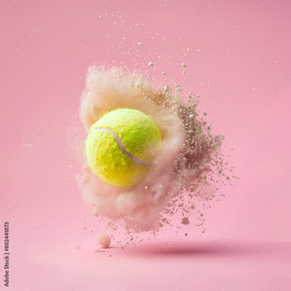 Tennis ball explodes on pink pastel background. Minimal concept.