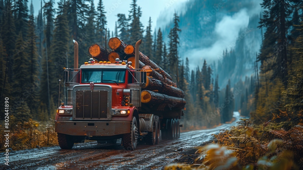 Burgundy log truck in a dense forest, timber transport, copy space for text Burgundy log truck in a dense forest, timber transport, copy space for text