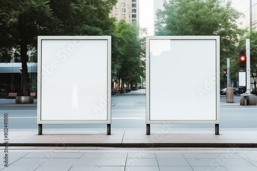 Dos maquetas de vallas publicitarias en blanco para anuncio. Escena urbana. photo