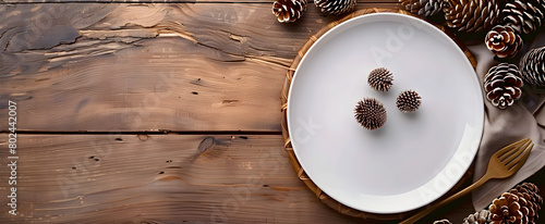 Stylish table setting, fir branches, balls with white plate and cutlery Unprocessed coffee beans, still pure or Salak seeds contain nutrients that are good for health, such as fiber, protein, vitamin. photo