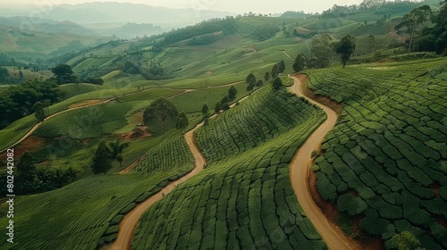 Aerial view of Lipton's seat viewpoint and adjacent tea plantations at Sri Lanka. photo