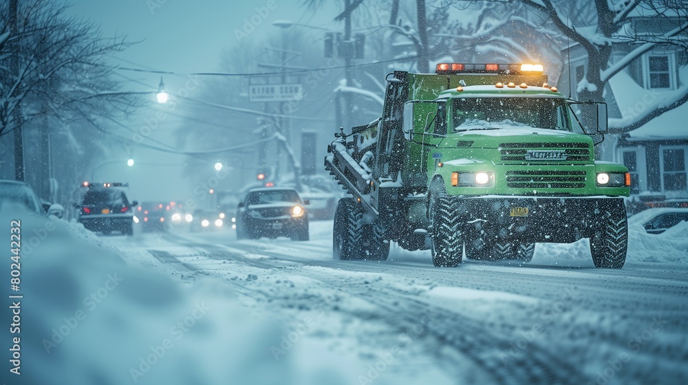 Lime green tow truck rescuing a car in a blizzard, winter hero, copy space for text