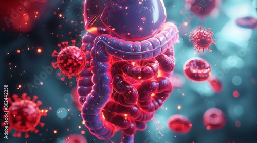 An informative 3D rendering image depicting common digestive disorders affecting the stomach and intestines, including gastritis, gastroenteritis, irritable bowel syndrome (IBS), and Crohn's disease photo