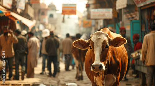 Crowd of sellers and buyers of cows at an animal market in the area for the Muslim Eid al-Adha celebration.

