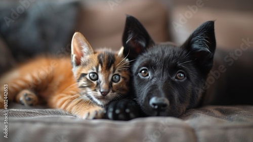Puppy and kitten lie together. © Lubos Chlubny