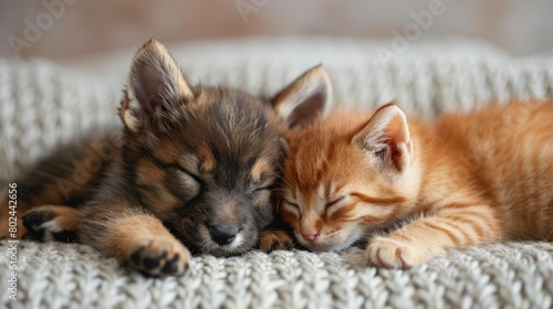 Puppy and kitten lie together.
