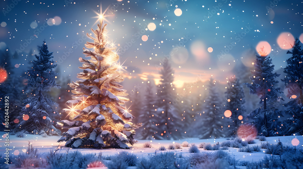 Fantastic winter landscape with a Christmas tree and snow, perfect for Christmas backgrounds or holiday-themed designs.
