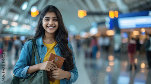 beautiful indian woman holding passport and smiling on airport background