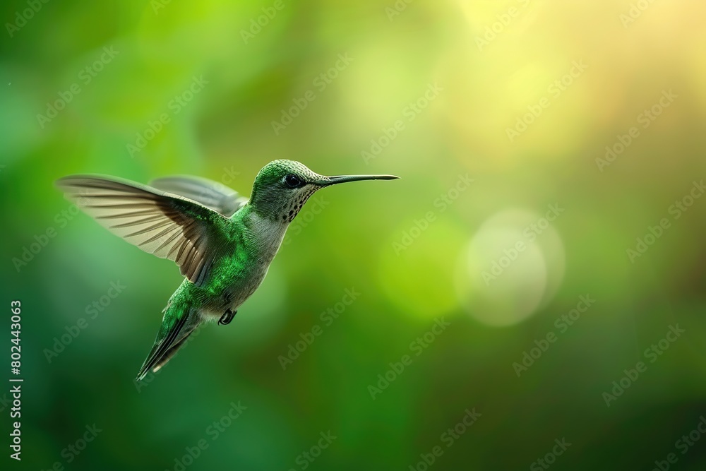 Fototapeta premium Hummingbird hanging in the air on blurred green background