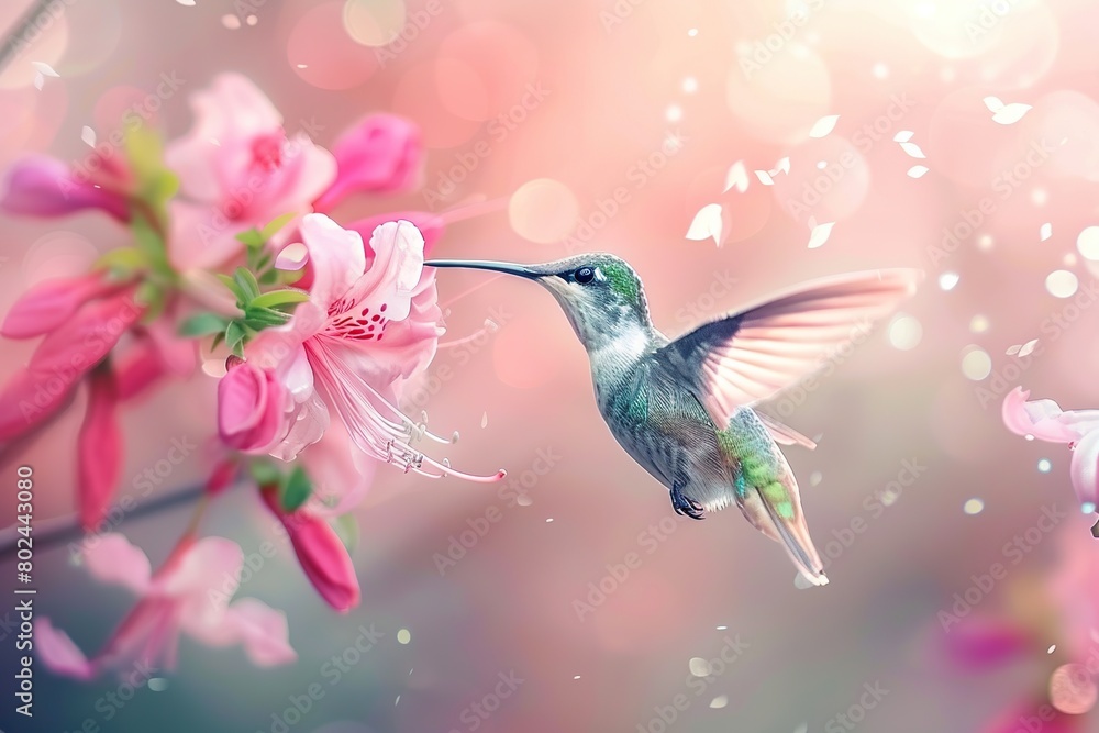 Hummingbird hanging in the air near the flower on blurred background Hummingbird hanging in the air near the flower on blurred background