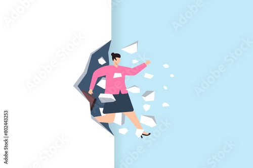 Brave businesswoman leaps her comfort zone, breakthrough wall barriers in her career. Concept of courage and determination, overcoming obstacles and gender barriers, leading with female empowerment