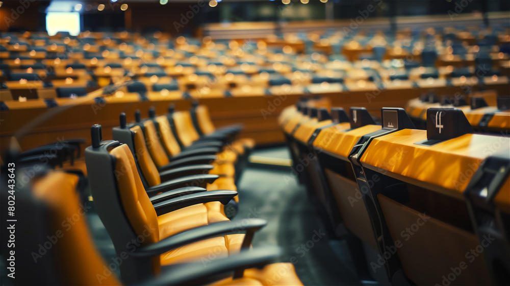 Empty chairs in the conference room of the European Parliament, waiting for MEPs.