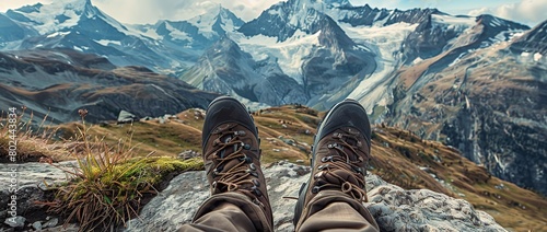 Traveler's feet in hiking boots against a stunning mountain landscape.