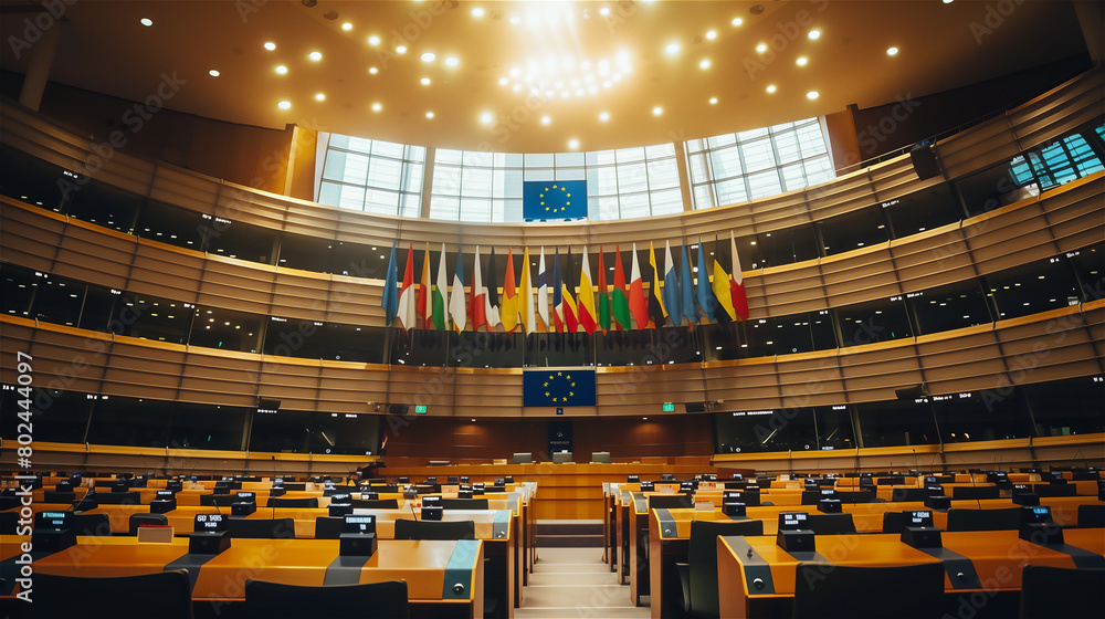 Empty chairs in the conference room of the European Parliament, waiting for MEPs.