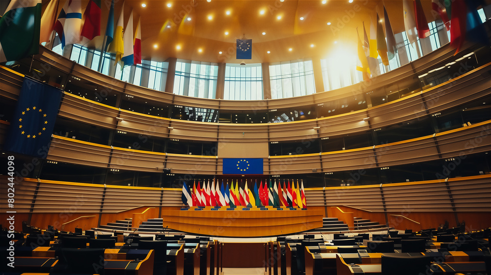 Empty chairs in the conference room of the European Parliament, waiting for MEPs.