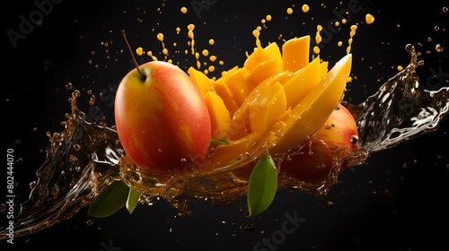 Water splash with fresh peach fruit on a black background. 3d rendering