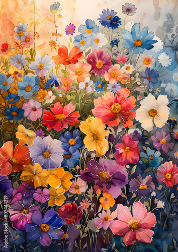 Vibrant flower painting showcasing a field of colorful blooms © Nadtochiy