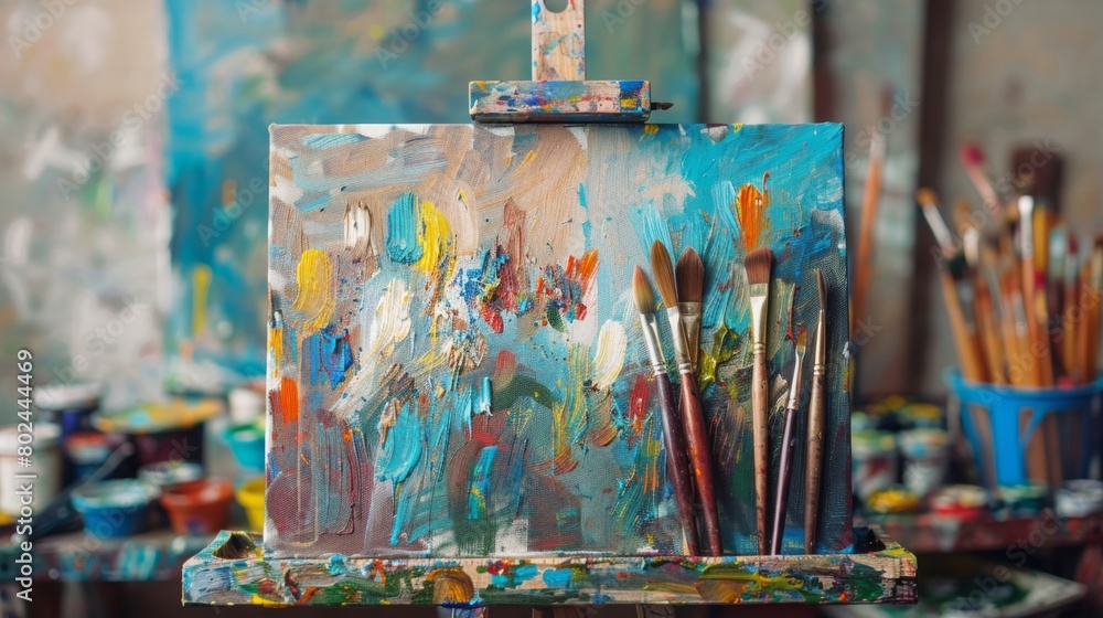 A blank canvas and set of paintbrushes, inviting viewers to unleash their creativity A blank canvas and set of paintbrushes, inviting viewers to unleash their creativity