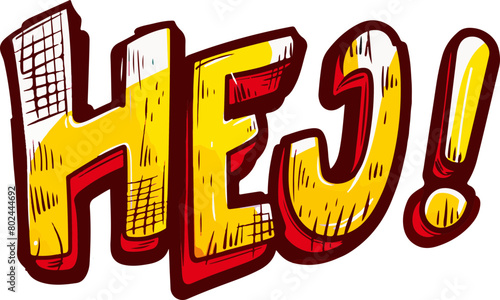 The 'HEJ' typography in comic style features a bold, yellow and red palette, suitable for attention-grabbing messages or vibrant designs.
