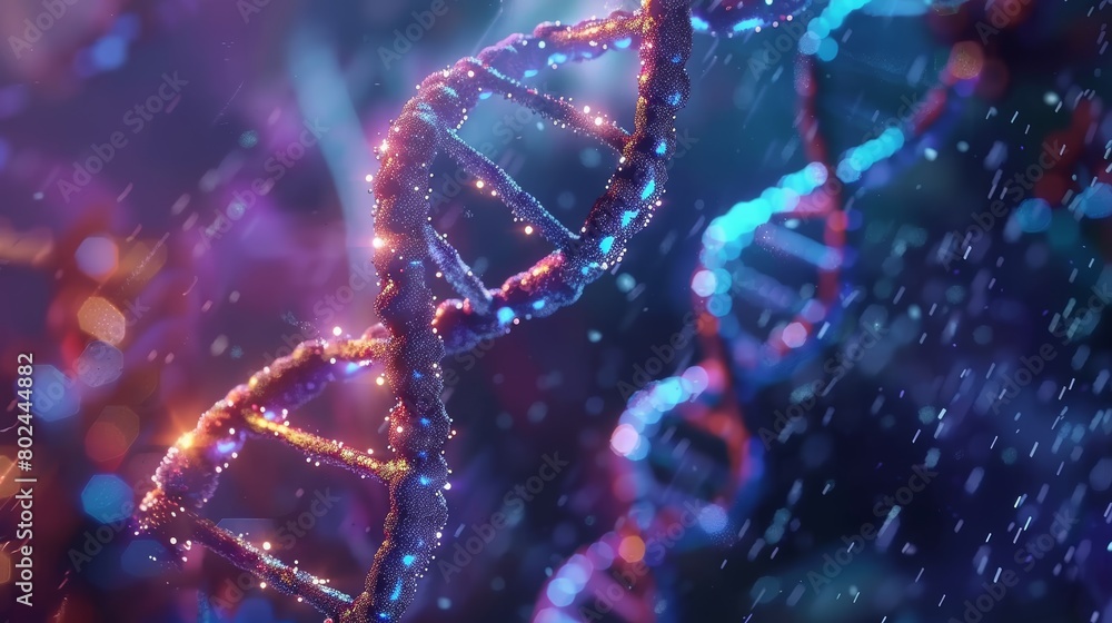 Dynamic representation of a DNA strand with sparkling blue particles ...