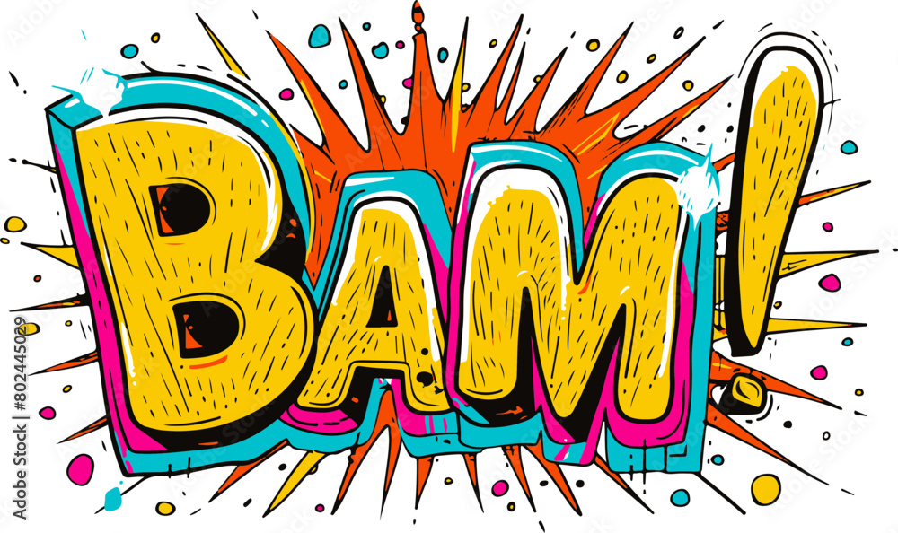 Capture the essence of comic book excitement with this 'BAM!' illustration, featuring a fiery explosion background, great for dynamic designs and pop culture themed projects.