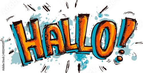 Featuring the word  HALLO  in an exuberant comic style with a splattered background  this illustration is perfect for engaging and lively greetings or advertisements.