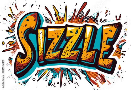 Eye-catching 'SIZZLE' in a bold comic style, bursting with multicolored splashes, perfect for vibrant and energetic designs.
