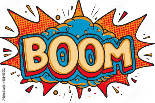 This vector illustration features the word 'BOOM' in a high-energy comic style, complete with color splatters, ideal for designs that need to emphasize impact or surprise in advertisements or creative