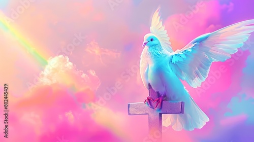 Vibrant and colorful religious background perfect for social media posts. Peaceful Holy dove, cross, and other symbolic elements of Christianity, artistically rendered to inspire faith and devotion.