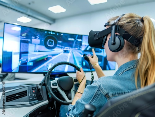 Virtual reality driving test. woman in simulator controls car with steering wheel in classroom.  photo