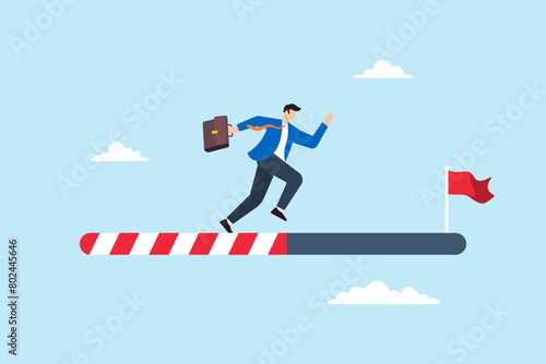 Ambitious businessman running on progress bar towards success flag, illustrating journey to achieving goals in business or career. Concept of steps taken, challenges faced and improvement to succeed